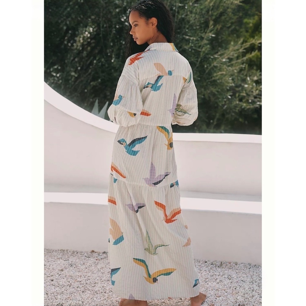 Anthropologie Celandine Carolita Printed Tiered Shirt Dress Blue White Bird XS - Picture 6 of 6